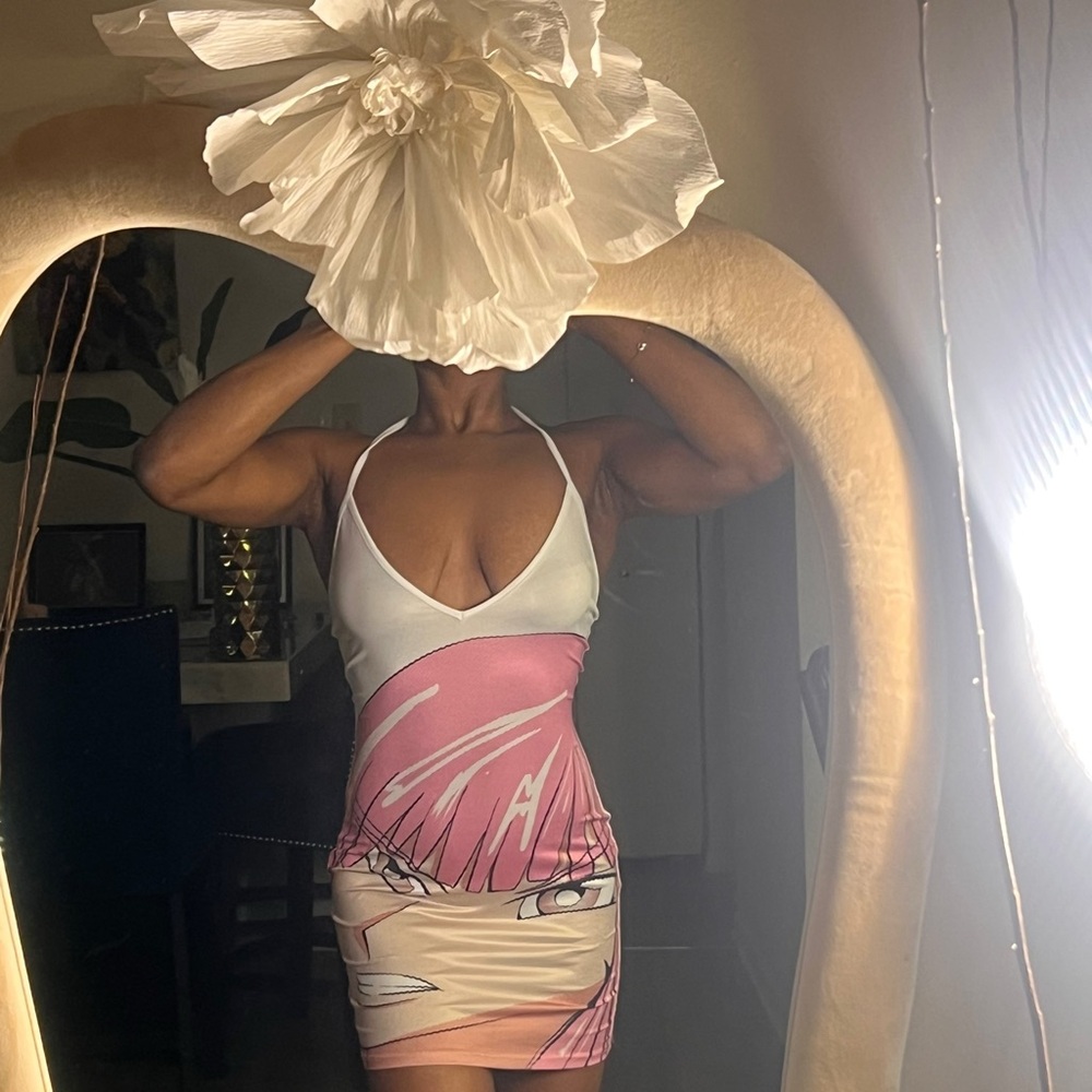 White and Pink Graphic Anime Bodycon Dress